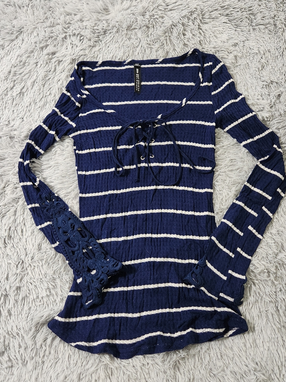 Design Lab Navy Blue and White Stripe Long Sleeve Crochet Detail Tie Neck Shirt